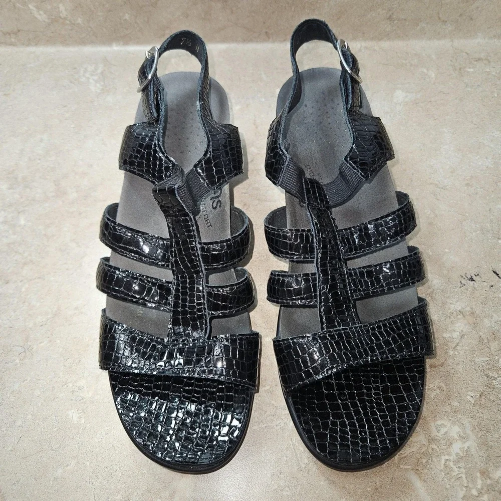 SAS Tripad Comfort Sandals Women SZ 7.5 N Black Croc Patent Slingback USA Classy